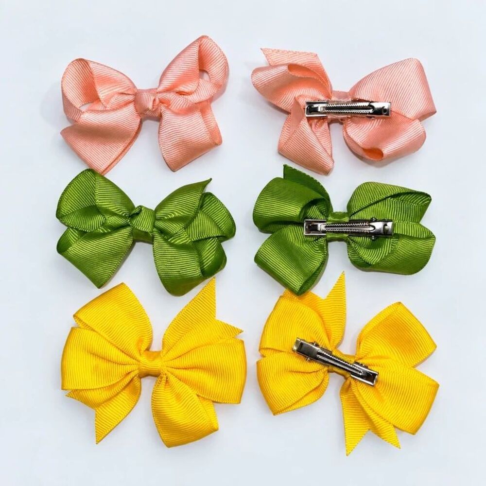 Girls Hair Bow Clips 6 Pc Lot 3 Matching Pairs Peach Green Yellow